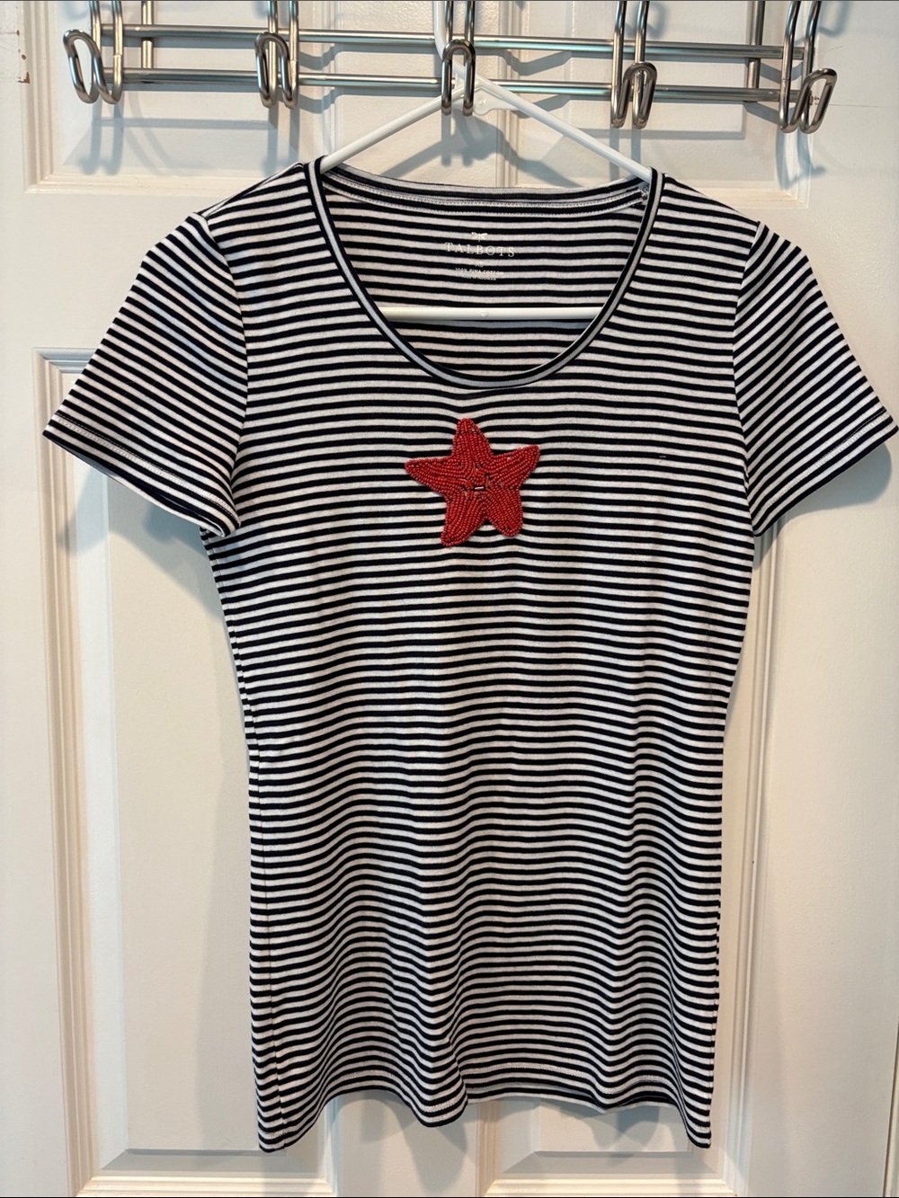 Talbots Navy and White Striped Short-Sleeve Tee with Red Star
